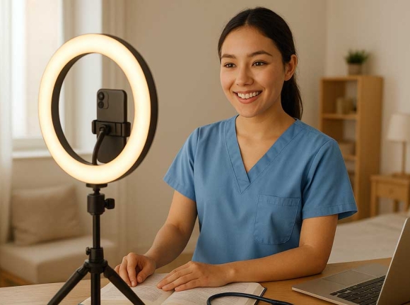 nursing student in front a ring light